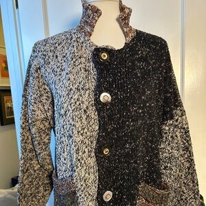 Amy Brill | Knit Cardigan | Patchwork design | One Size | Greys/black/browns
